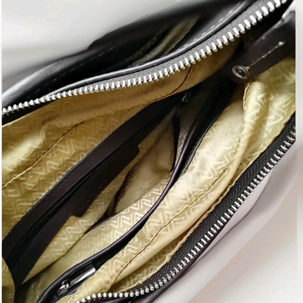 Adrian Vittadini Leather Shoulder Bag W/Snake Skin Look Trim Wide Leather Strap